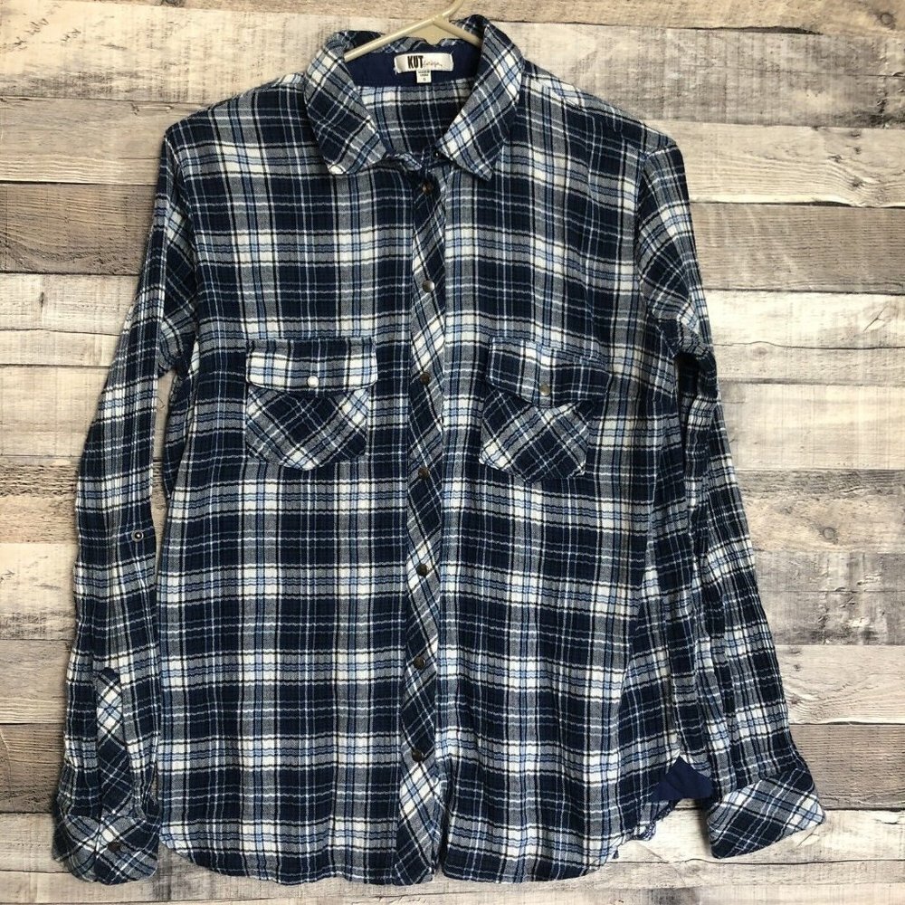 KUT From The Kloth Shirt Womens S Blue White Plaid Boylen Snap Button